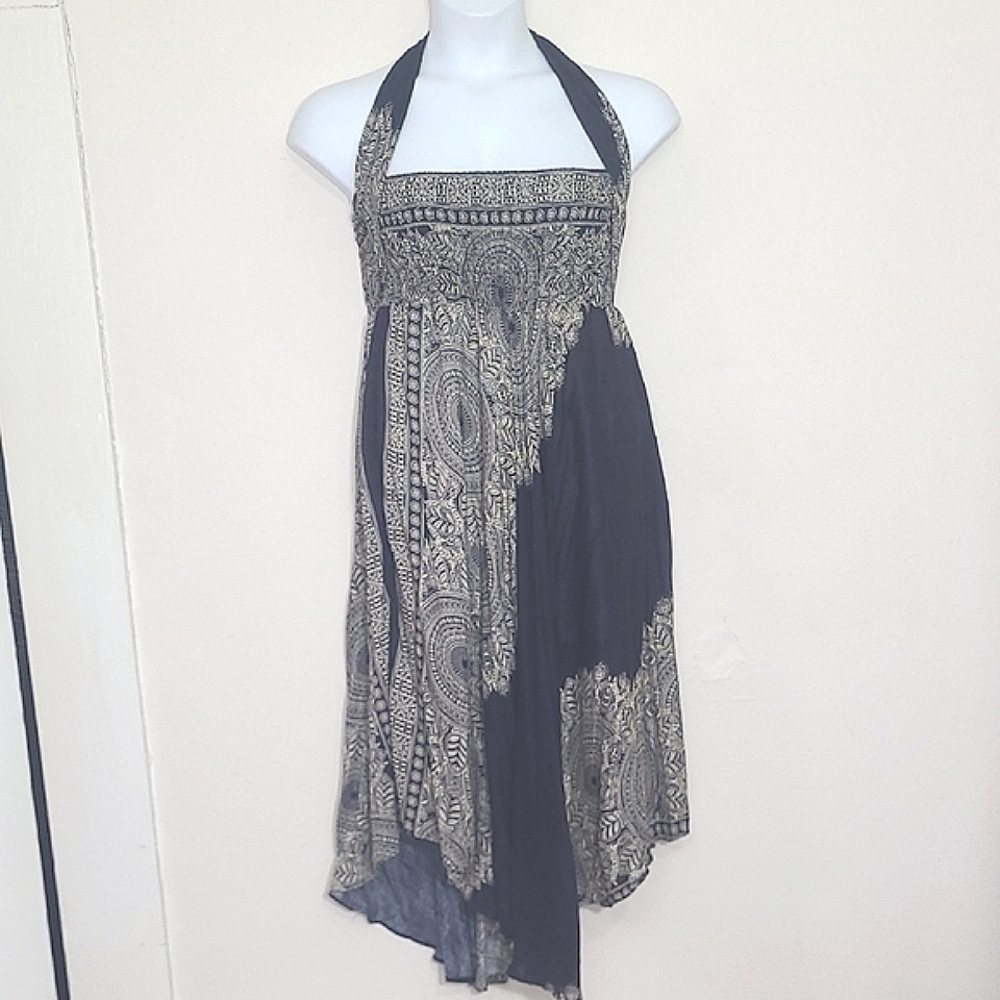 Nap Dress Halter Mandela Print Black Cream Dreamcatcher Hankerchief Hem Boho
